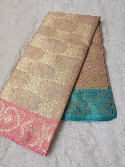 Banarasi Premium Tissue Silk Saree with Geometric Zari Weave & Dual Contrast Borders