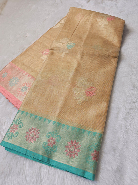 Banarasi Premium Golden Champagne Tissue Silk Saree with Pastel Floral Buti & Dual Contrast Floral Border