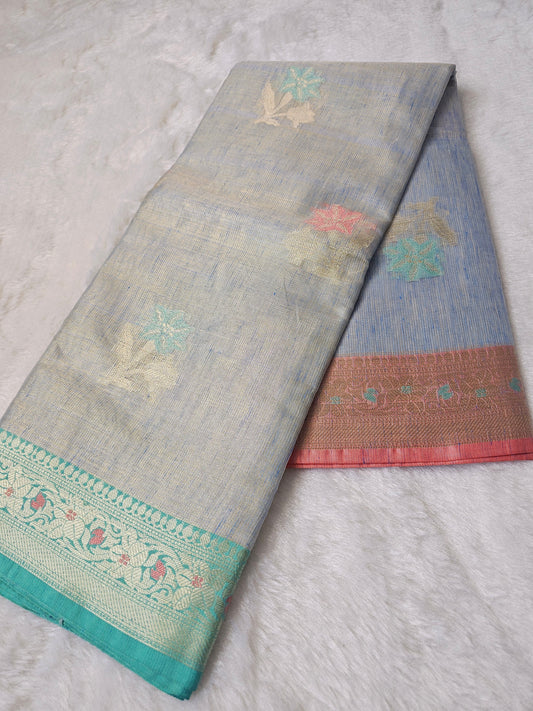 Banarasi Premium Tissue Silk Saree with Pastel Floral Buti & Dual Contrast Woven Border