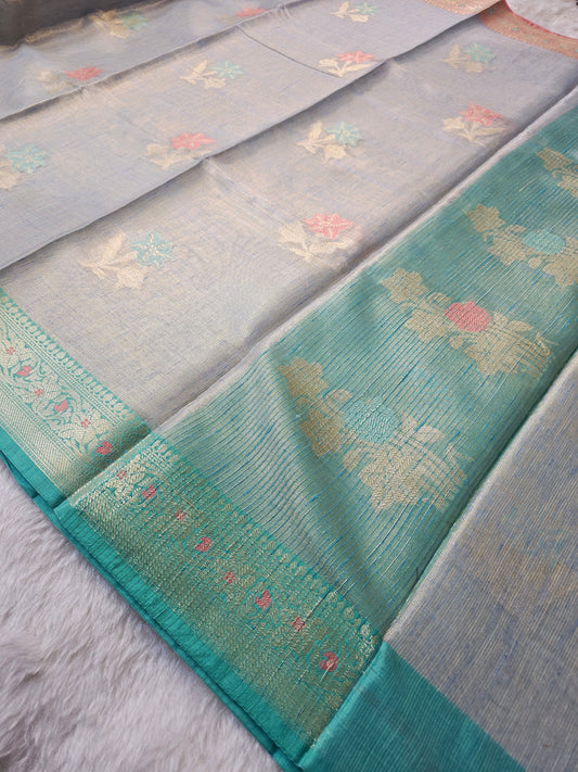 Banarasi Premium Tissue Silk Saree with Pastel Floral Buti & Dual Contrast Woven Border