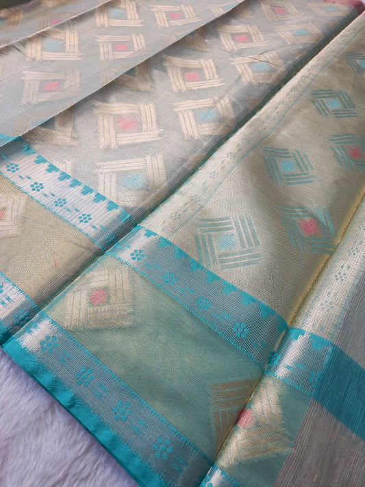 Banarasi Premium Golden Champagne Tissue Silk Saree with Geometric Zari Weaving & Dual Contrast Borders