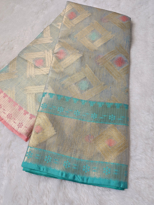 BanarasiPremium Golden Champagne Tissue Silk Saree with Geometric Zari Weaving & Contrast Turquoise Border