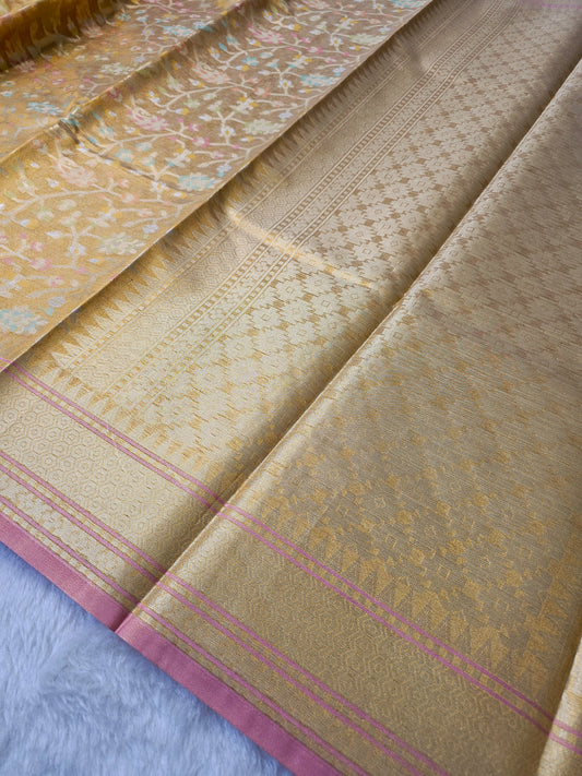 Banrasi Premium Golden Champagne Tissue Silk Saree with Pastel Floral Jaal & Blush Pink Border