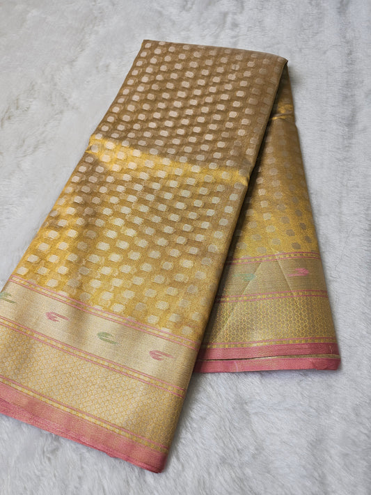 BanarasiPremium Golden Champagne Tissue Silk Saree with Self Checkered Zari Weaving & Blush Pink Border