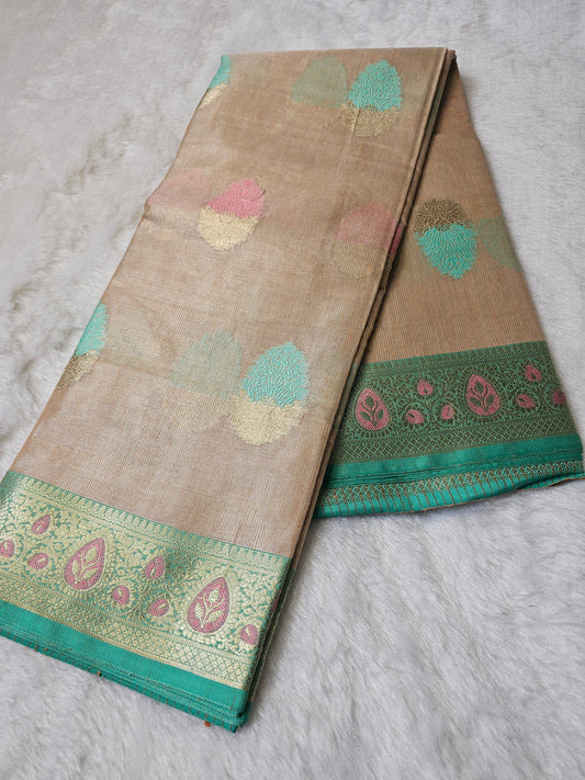 Banarasi Premium Golden Champagne Tissue Silk Saree with Pastel Zari Motifs & Contrast Turquoise Border