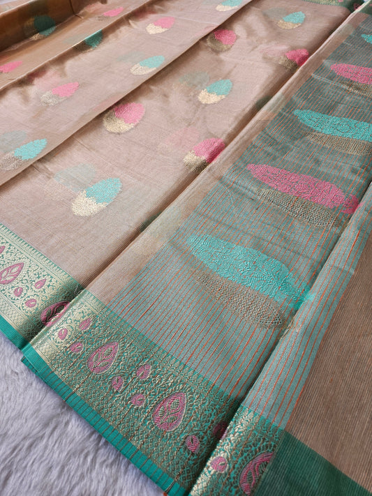 Banarasi Premium Golden Champagne Tissue Silk Saree with Artistic Zari Motifs & Dual Contrast Borders