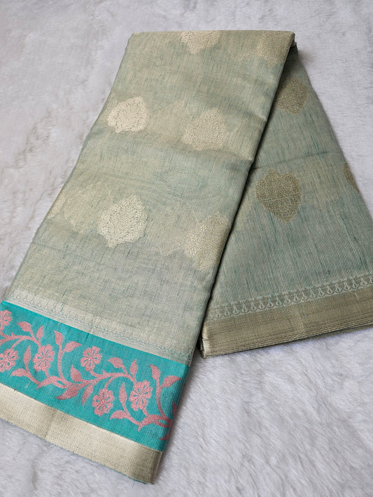 Banarasi Premium Mint Green Tissue Silk Saree with Gold Zari Buttis & Floral Contrast Border