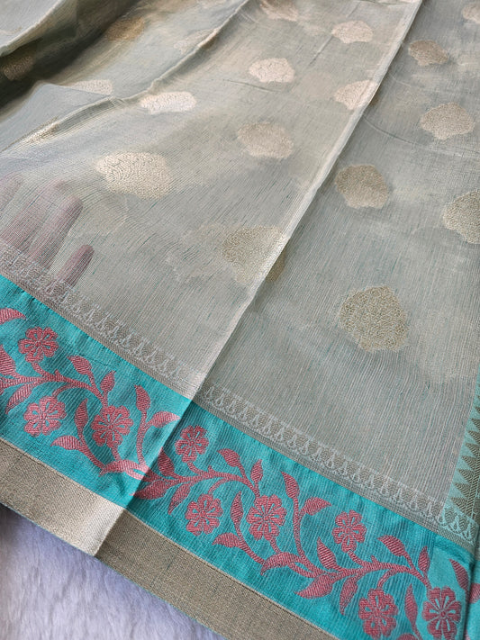 Banarasi Premium Mint Green Tissue Silk Saree with Gold Zari Buttis & Floral Contrast Border