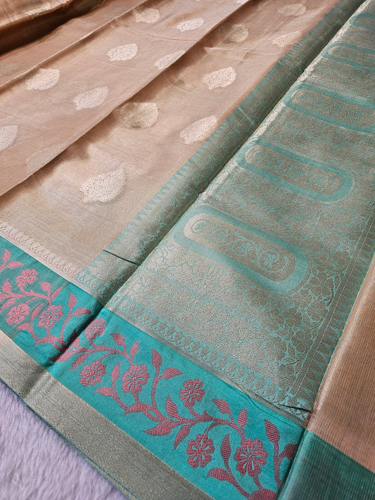 Banarasi Premium Golden Champagne Tissue Silk Saree with Gold Zari Buttis & Turquoise Floral Border