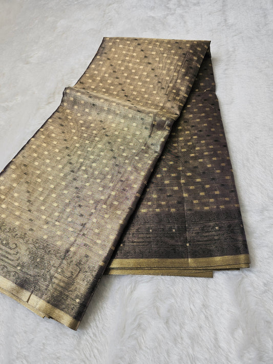 Banarasi Premium Charcoal Grey Tissue Silk Saree with Gold Checkered Zari Weaving