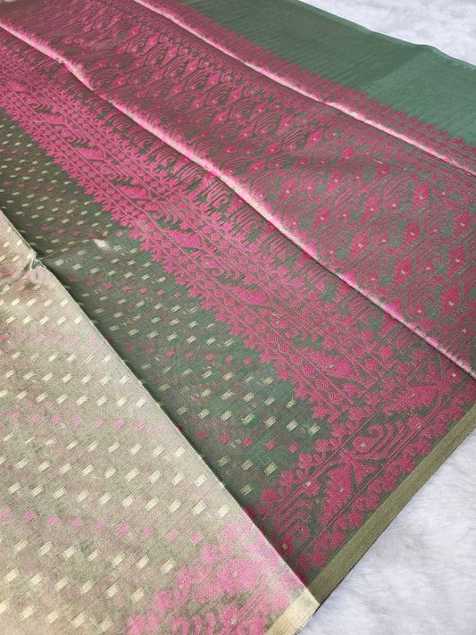 Banarasi Premium Olive Green Tissue Silk Saree with Gold Checkered Zari Weaving & Magenta Border