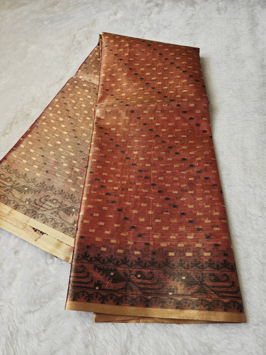 Banarasi Premium Wine Tissue Silk Saree with Gold Checkered Zari Weaving & Traditional Border