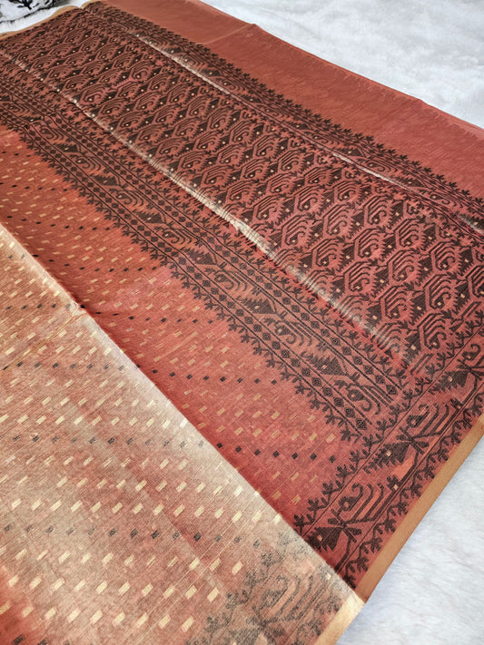 Banarasi Premium Wine Tissue Silk Saree with Gold Checkered Zari Weaving & Traditional Border