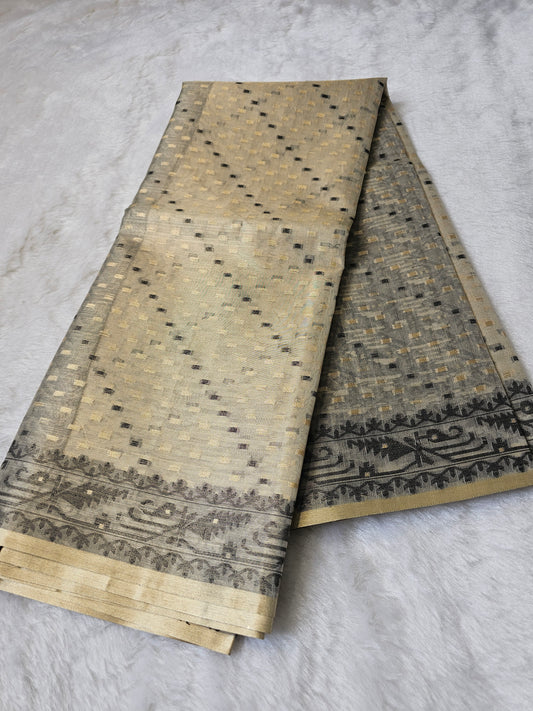 Banarasi Premium Champagne Gold Tissue Silk Saree with Gold Checkered Zari Weaving & Traditional Border