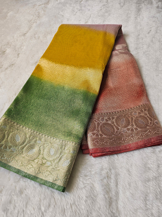 Banarasi Premium Mustard Yellow & Emerald Green Tissue Silk Saree with Designer Gold Zari Border