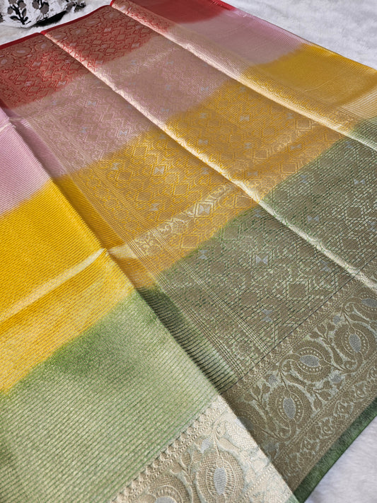Banarasi Premium Mustard Yellow & Emerald Green Tissue Silk Saree with Designer Gold Zari Border