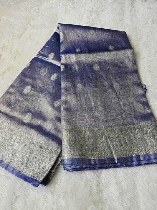 Banarasi Premium Tissue Silk Saree in Royal Indigo Blue with Silver Zari Butti & Rich Woven Border