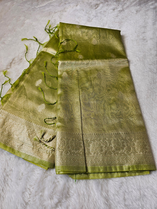Banarasi Premium Olive Green Tissue Silk Saree with Silver Zari Butti, Floral Woven Border & Tassel Pallu