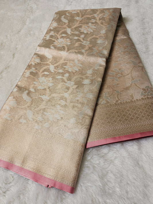 Banarasi Premium Champagne Gold Tissue Silk Saree with Floral Zari Weaving & Blush Pink Border