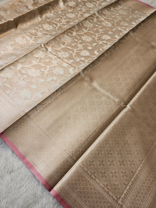 Banarasi Premium Champagne Gold Tissue Silk Saree with Floral Zari Weaving & Blush Pink Border