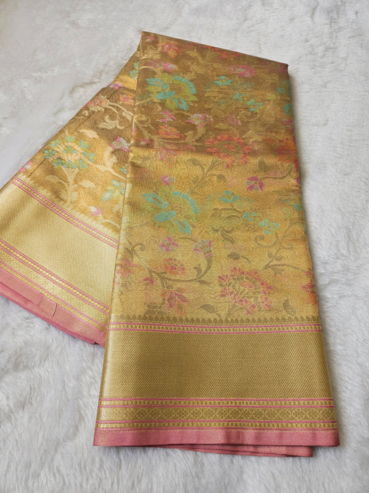 Banarasi Premium Golden Beige Tissue Silk Saree with Multicolor Floral Zari Weaving & Rich Border