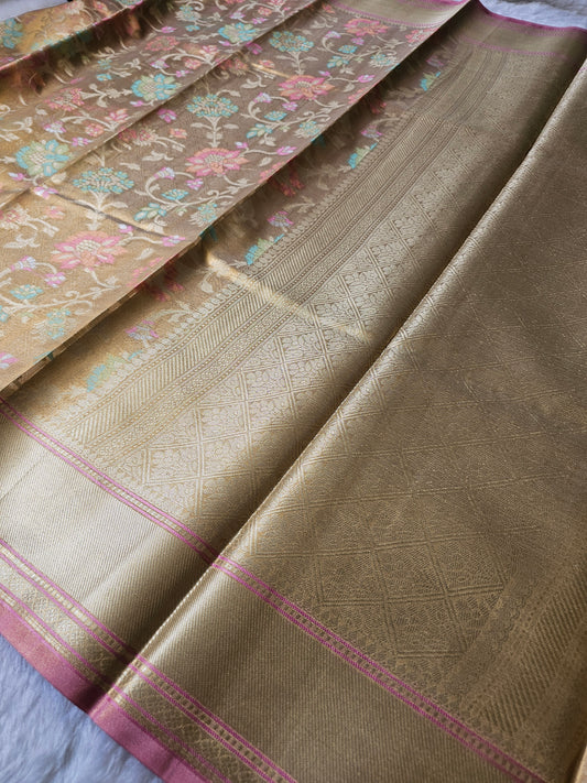 Banarasi Premium Golden Beige Tissue Silk Saree with Multicolor Floral Zari Weaving & Rich Border