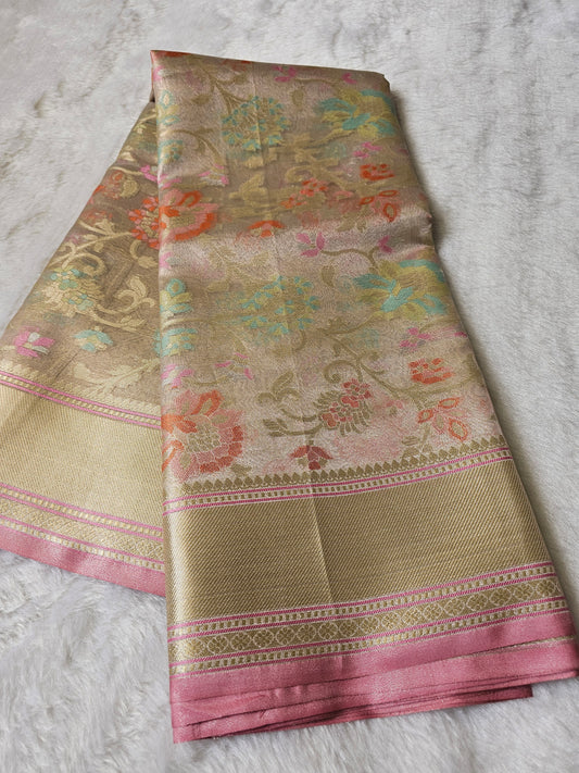 Banarasi Premium Beige Tissue Silk Saree with Multicolor Floral Zari Weaving & Rich Gold Border