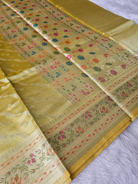 Banarasi Premium Mustard Gold Tissue Silk Saree with Silver Zari Leheriya Butti & Multicolor Floral Border