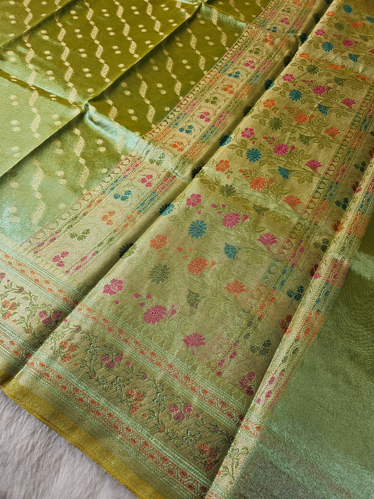 Banarasi Premium Mint Green Tissue Silk Saree with Silver Zari Leheriya Weaving & Multicolor Floral Banarasi Border