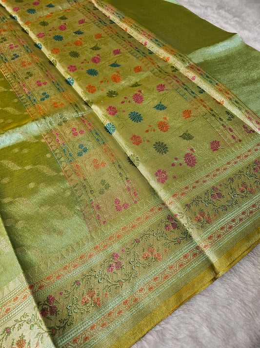 Banarasi Premium Mint Green Tissue Silk Saree with Silver Zari Leheriya Weaving & Multicolor Floral Banarasi Border