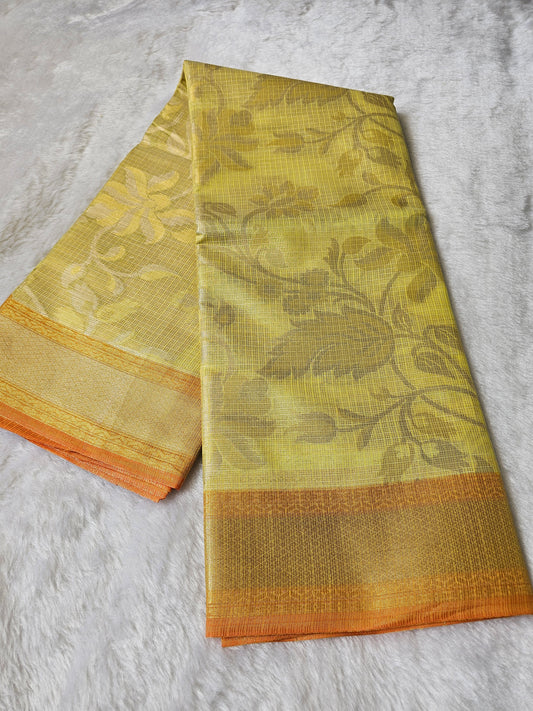 Banarasi Premium Kota Tissue Silk Saree with Floral Woven Design & Contrast Orange Border