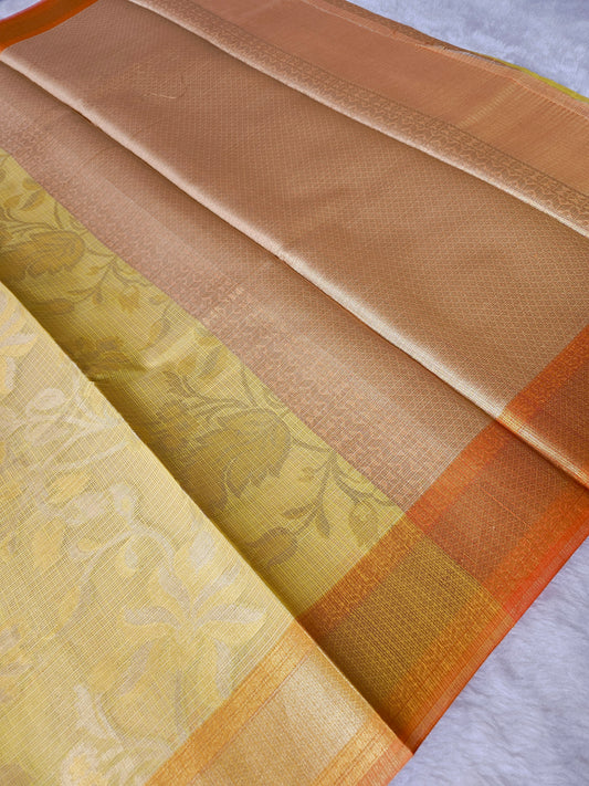 Banarasi Premium Kota Tissue Silk Saree with Floral Woven Design & Contrast Orange Border