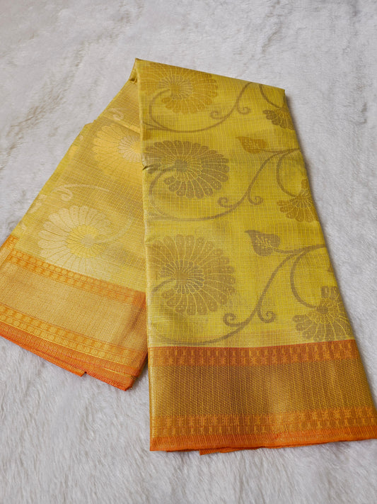 Banarasi Premium Kota Tissue Silk Saree with Floral Woven Design & Contrast Orange Border