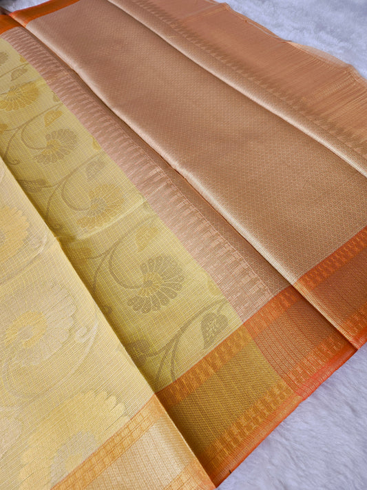 Banarasi Premium Kota Tissue Silk Saree with Floral Woven Design & Contrast Orange Border