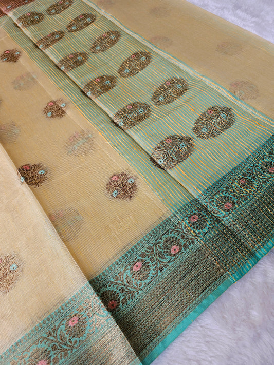 Banarasi Premium Printed Tissue Silk Saree with Paisley Motifs & Aqua Blue Woven Pallu