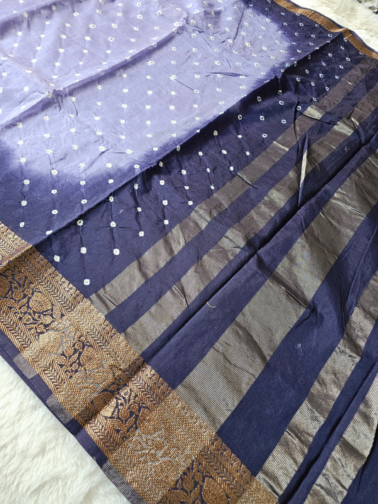 Banarasi Navy Blue Pure Bandhani Cotton Silk Saree with Traditional Zari Woven Border