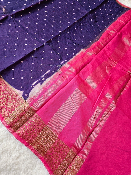 Banarasi Royal Navy Blue & Rani Pink Bandhani Cotton Silk Saree with Rich Zari Woven Border