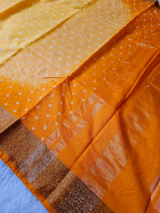 Banarasi Mustard Yellow & Orange Bandhani Cotton Silk Saree with Rich Zari Woven Border
