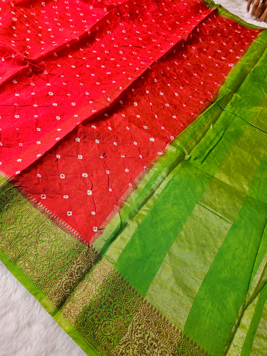 Banarasi Red & Parrot Green Bandhani Cotton Silk Saree with Rich Zari Woven Border