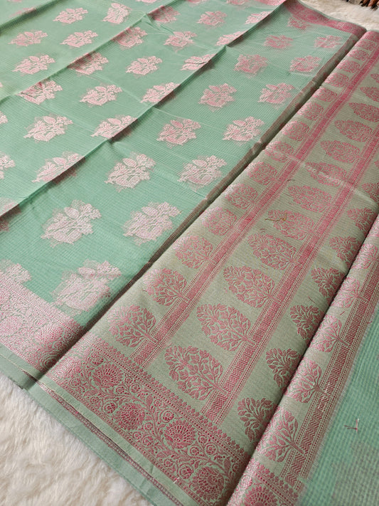 Banarasi Elegant Mint Green Kota Cotton Silk Saree with Pink Zari Floral Buttis & Woven Border