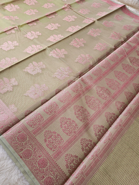 Banarasi Elegant Beige Kota Cotton Silk Saree with Pink Zari Floral Buttis & Designer Woven Border