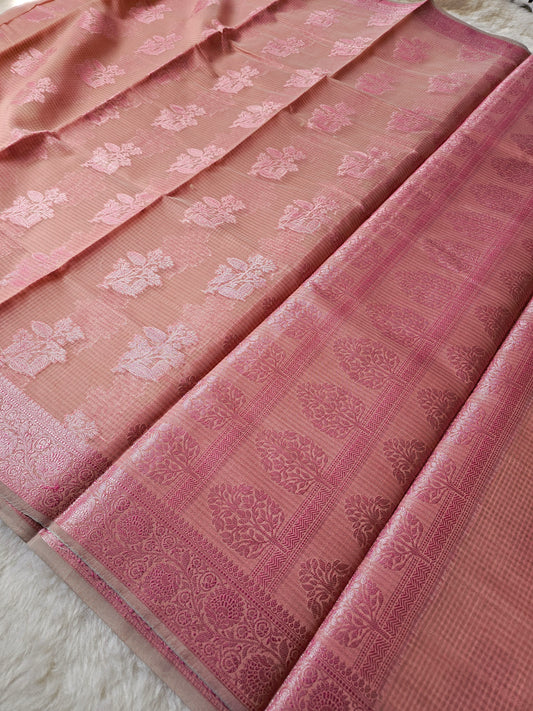 Banarasi Elegant Blush Pink Kota Cotton Silk Saree with Pink Zari Floral Buttis & Designer Woven Border