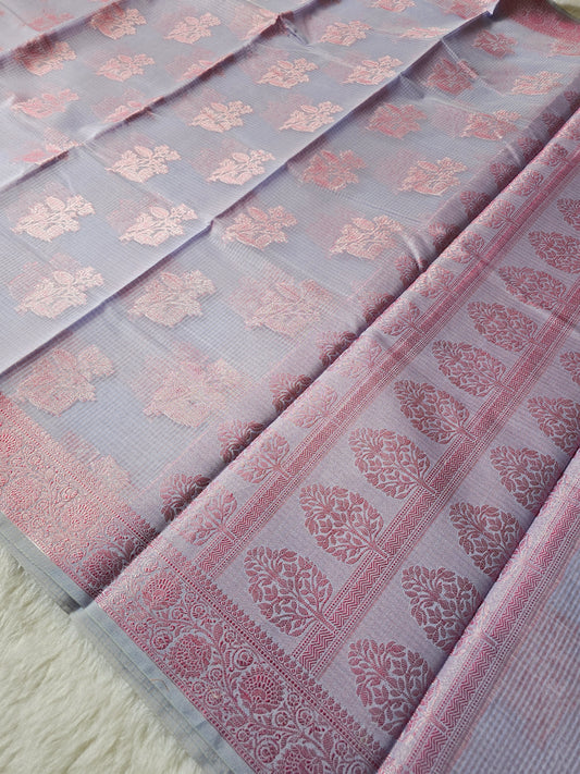 Banarasi Elegant Lavender Kota Cotton Silk Saree with Pink Zari Floral Buttis & Designer Woven Border