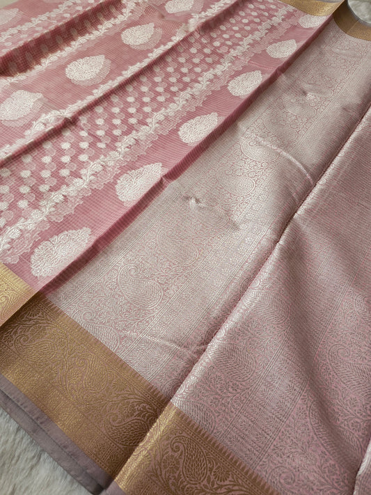 Banarasi Elegant Dusty Rose Kota Cotton Silk Saree with Silver Zari Buttis & Rich Paisley Woven Border