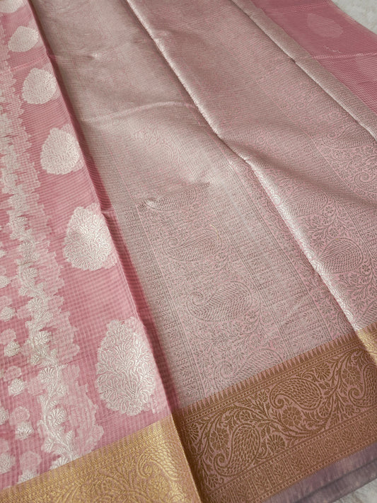 Banarasi Elegant Dusty Rose Kota Cotton Silk Saree with Silver Zari Buttis & Rich Paisley Woven Border
