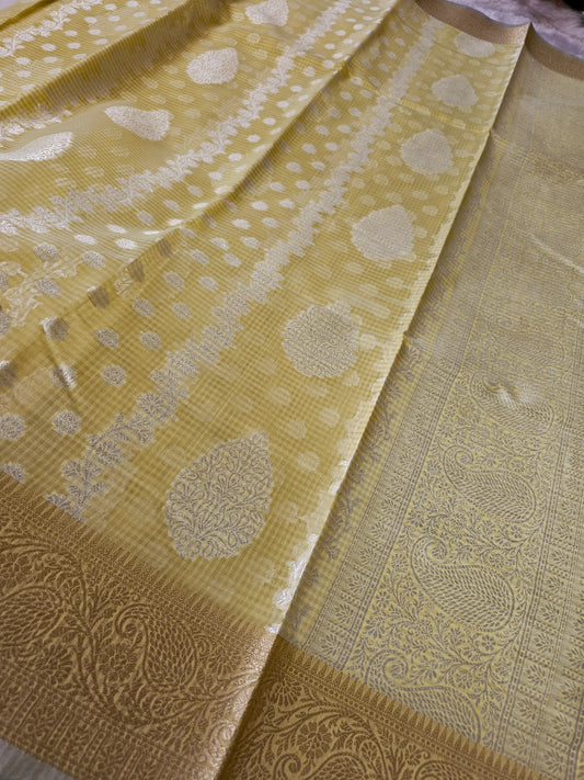 Banarasi Elegant Mustard Yellow Kota Cotton Silk Saree with Silver Zari Buttis & Rich Paisley Woven Border