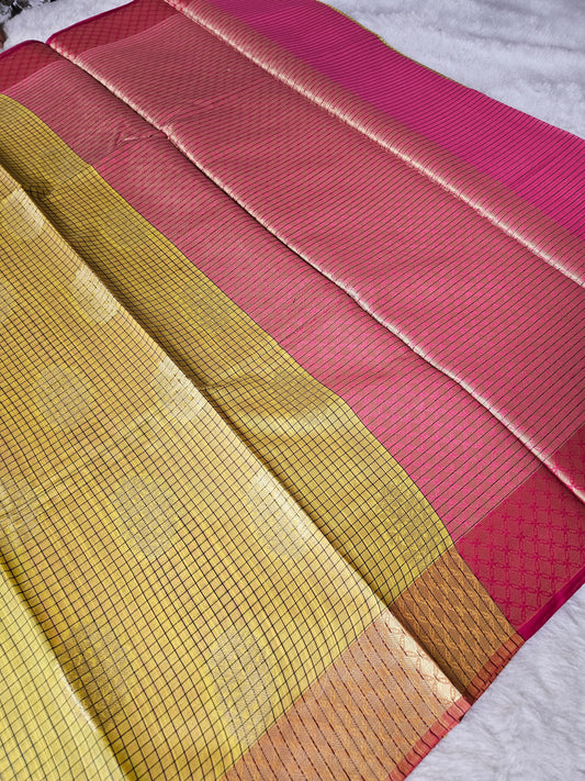 Banarasi Premium Cotton Silk Saree with Gold Buti, Mustard Checked Body & Rani Pink Contrast Pallu