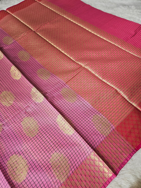 Banarasi Premium Cotton Silk Saree with Pink Checked Weave, Gold Zari Buti & Rich Contrast Pallu
