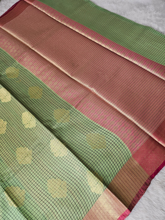 Banarasi Premium Cotton Silk Saree with Sage Green Checked Weave, Gold Zari Buti & Rose Pink Contrast Pallu