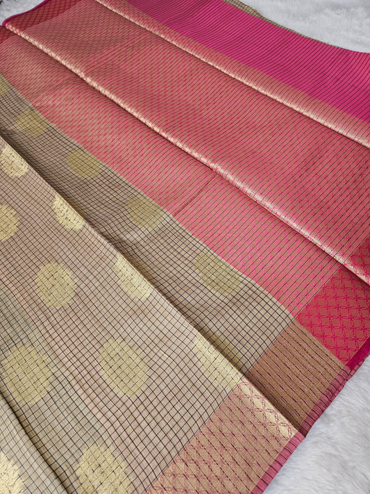 Banarasi Premium Cotton Silk Saree with Beige Checked Weave, Gold Zari Buti & Rani Pink Contrast Pallu